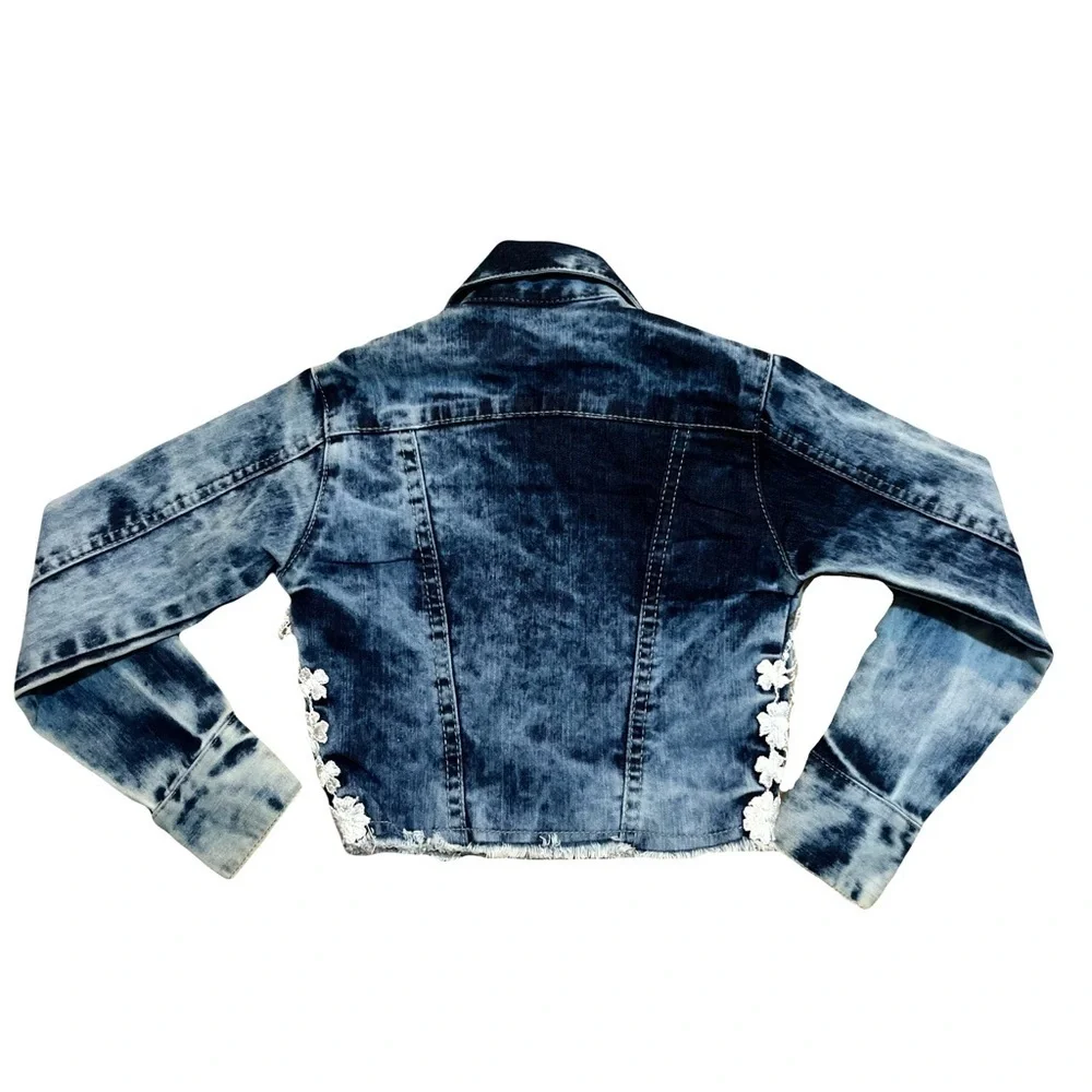 Kids Denim Jacket with Lace and Pearl Accents - Girls 4